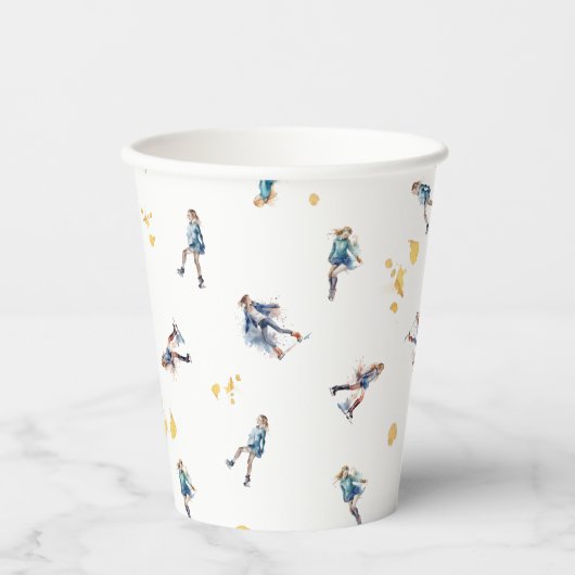 Meisjes Schaatsen, Hockey Blauw Goud Verjaardagsfe Papieren Bekers (Voorkant)