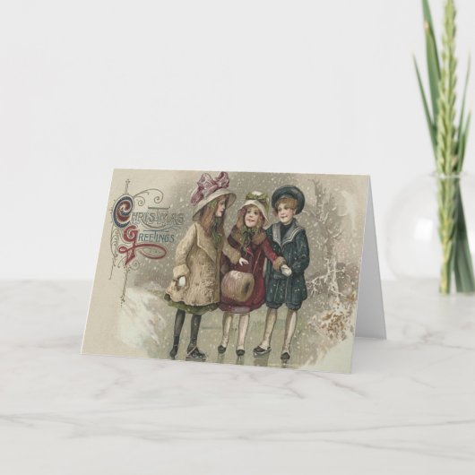 Meisjes schaatsen sneeuw bevroren vijver feestdagen kaart (Voorkant)