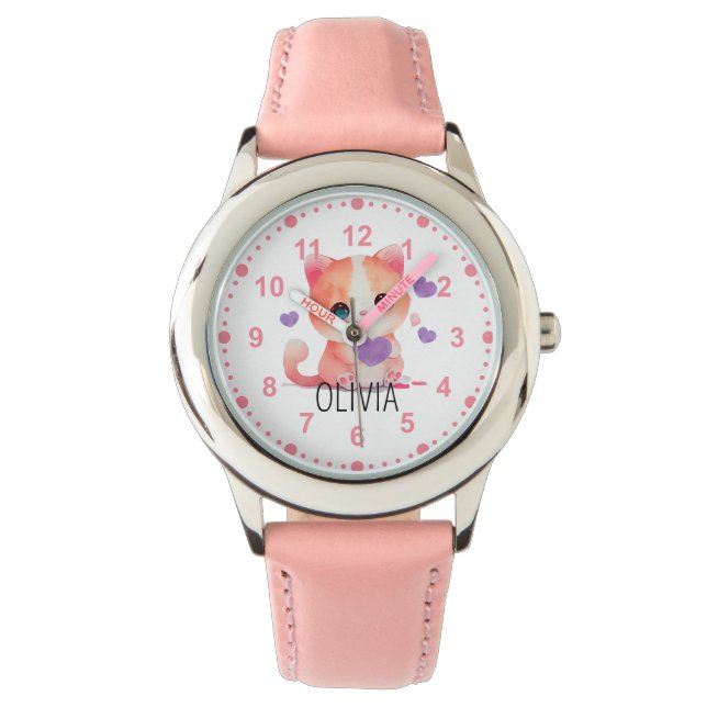 Meisjes Schattig Kitty Kitten Kat Roze Aangepaste  Horloge (Voorkant)