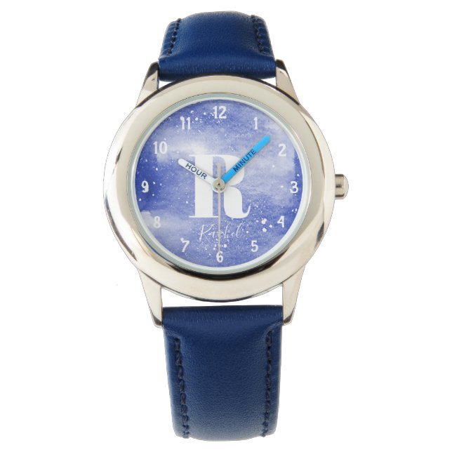 Meisjes Schattig Monogram Waterverf Galaxy & Naam  Horloge (Voorkant)