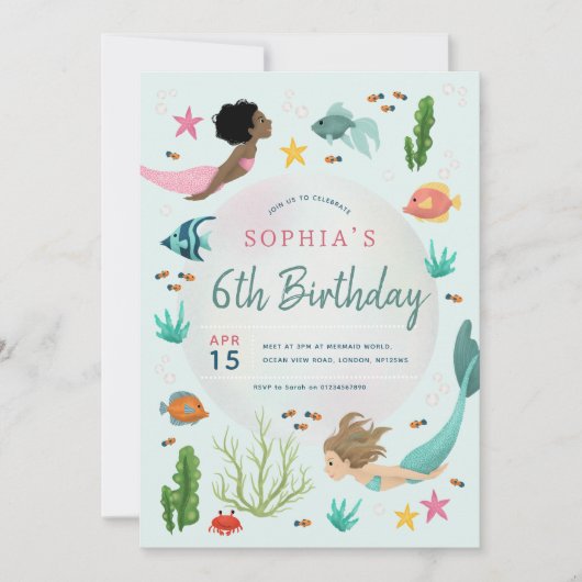 Meisjes Schattig Onder het Zee Zeemeermin 6e Verja Kaart (Voorkant)