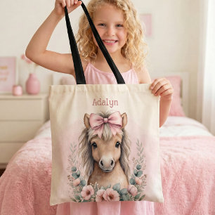 Meisjes Schattig Roze Bloemenkleed Paard Persoonli Tote Bag