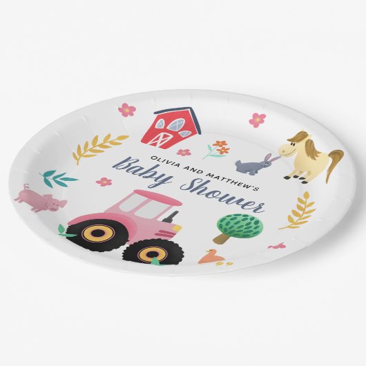 Meisjes Schattig Roze Boerderij Tractor Baby showe Papieren Bordje (Gekanteld)