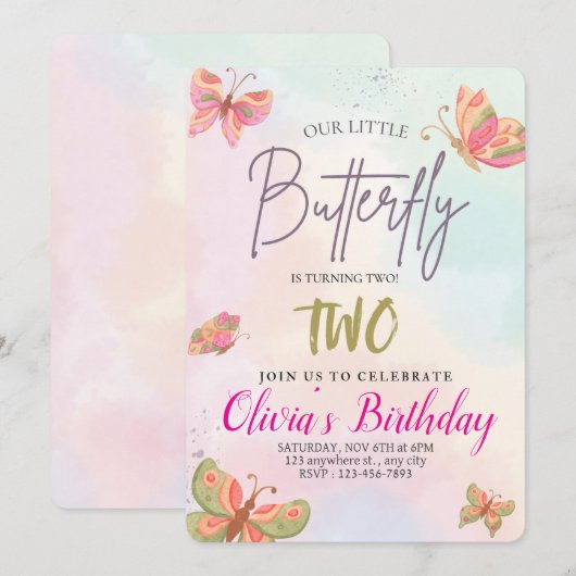 Meisjes Schattig Roze Paarse Vlinder Kinder 2e Ver Kaart (Voorkant / Achterkant)