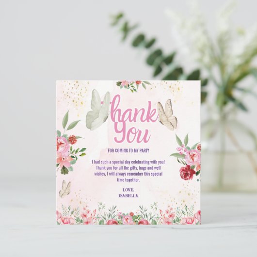 Meisjes Schattig Roze Paarse Vlinder Kinderen Verj Bedankkaart (Staand voorkant)