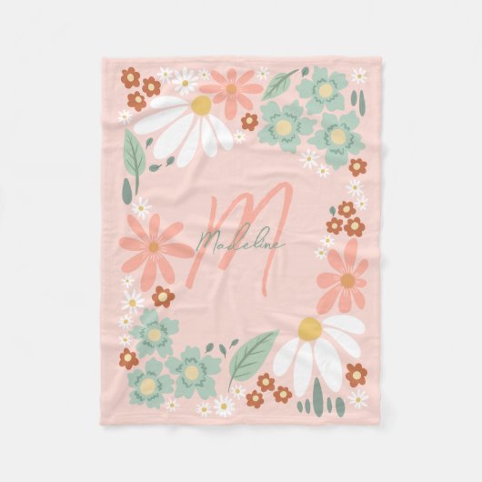 Meisjes Schattig Roze Retro Wilde Bloem Initialen Fleece Deken (Voorkant)