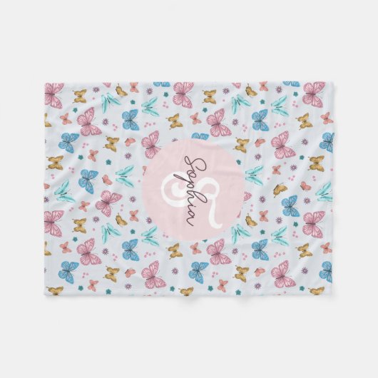 Meisjes Schattig Roze Vlinder Kinder Monogram Fleece Deken (Voorkant (Horizontaal))