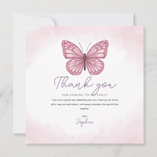 Meisjes Schattig Roze Waterverf Vlinder Kinder Bedankkaart (Voorkant)