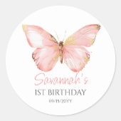 Meisjes Schattige Blush Roze Vlinder 1e Verjaardag Ronde Sticker (Voorkant)