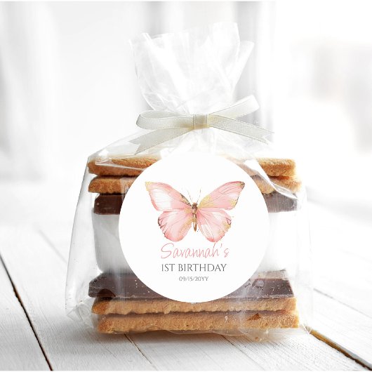 Meisjes Schattige Blush Roze Vlinder 1e Verjaardag Ronde Sticker