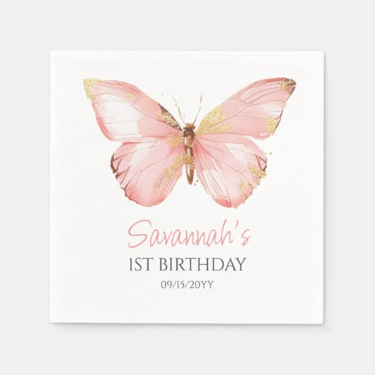 Meisjes Schattige Blush Roze Vlinder 1e Verjaardag Servet (Voorkant)