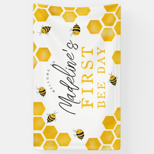 Meisjes Schattige Eerste Bijen Dag 1e Verjaardag W Spandoek (Verticaal)