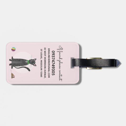 Meisjes Schattige Grijs Tabby Kitty Kat Naam Kinde Bagagelabel (Achterkant horizontaal)