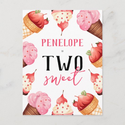 Meisjes Schattige Ice Cream 2e Verjaardagsfeestje Uitnodiging Briefkaart (Voorkant)