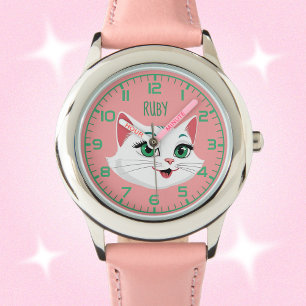 Meisjes Schattige Kitty Cat Naam Wit Roze Munt Horloge