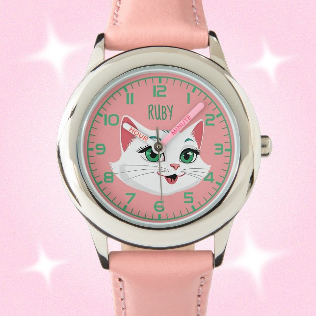 Meisjes Schattige Kitty Cat Naam Wit Roze Munt Horloge (Creator heeft geüpload)