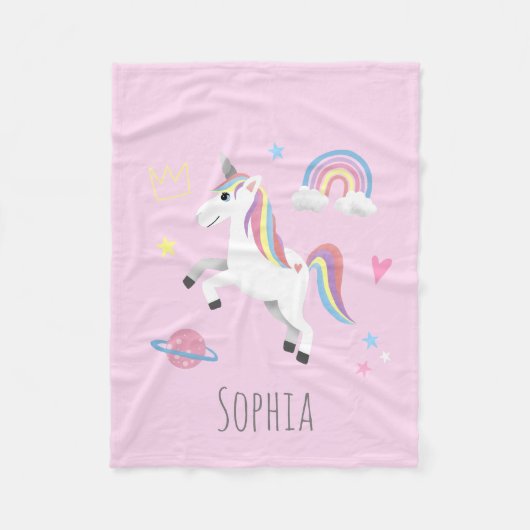 Meisjes Schattige Magisch Roze Eenhoorn & Naam Kin Fleece Deken (Voorkant)