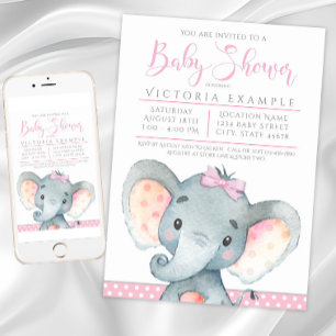 Meisjes Schattige Olifant Baby Shower Uitnodiginge Kaart