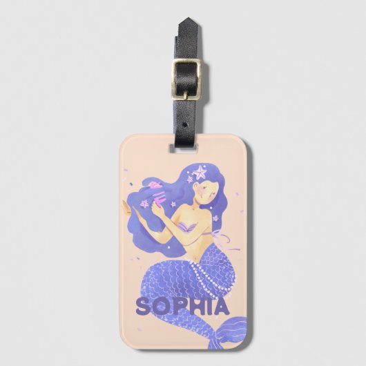 Meisjes Schattige Paarse Zeemeermin Naam Gepersona Bagagelabel (Voorkant (verticaal))