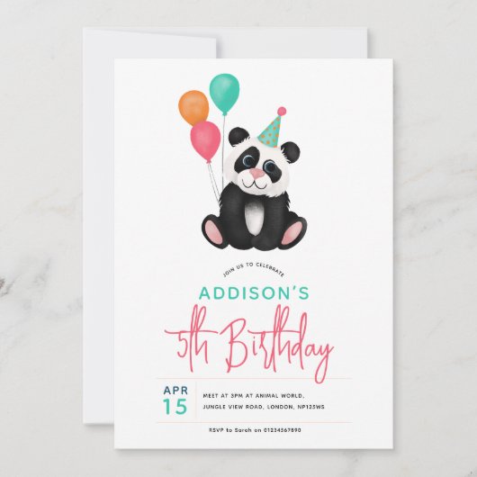 Meisjes Schattige Panda Beer 5e verjaardagsfeestje Kaart (Voorkant)
