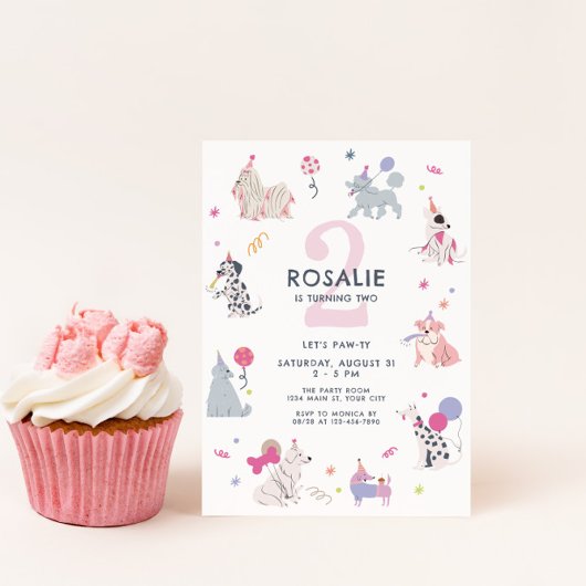 Meisjes Schattige Pastel Dog Let's Pawty Verjaarda Kaart