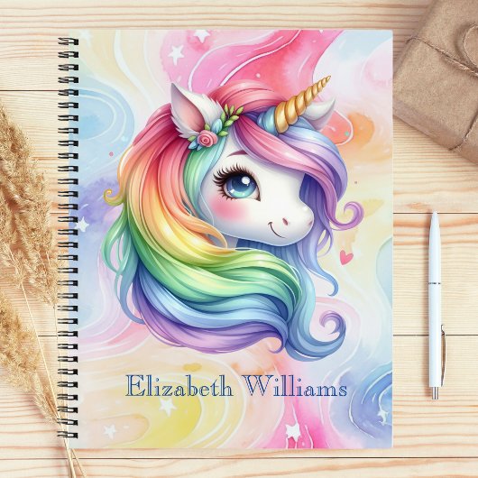 Meisjes Schattige Rainbow Unicorn Aangepaste naam Notitieboek