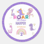 Meisjes Schattige Roar Dinosaur Verjaardagsfeest Ronde Sticker (Voorkant)