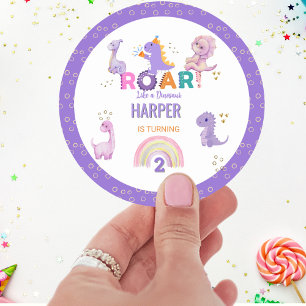 Meisjes Schattige Roar Dinosaur Verjaardagsfeest Ronde Sticker