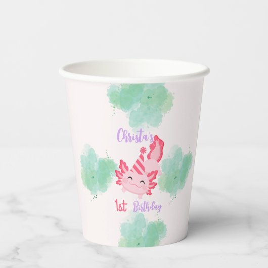 Meisjes Schattige Roze Axolotl Eerste Verjaardag P Papieren Bekers (Achterkant)