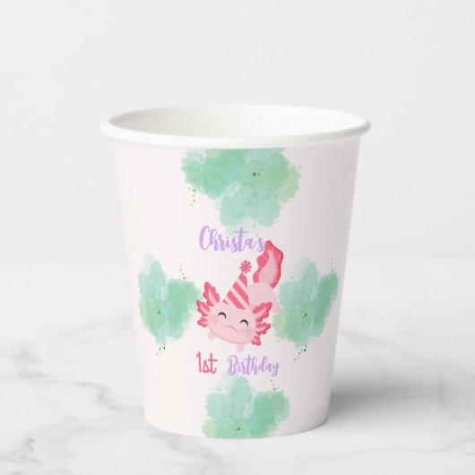 Meisjes Schattige Roze Axolotl Eerste Verjaardag P Papieren Bekers (Voorkant)