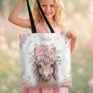 Meisjes Schattige Roze Bloemige Paard Gepersonalis Tote Bag
