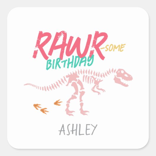 Meisjes Schattige Roze Dinosaurus Kids Verjaardags Vierkante Sticker (Voorkant)