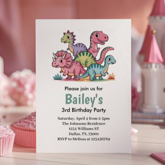 Meisjes Schattige Roze Dinosaurus Verjaardagsfeest Kaart