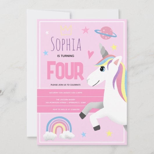 Meisjes Schattige Roze Eenhoorn Kinder 4e Verjaard Kaart (Voorkant)