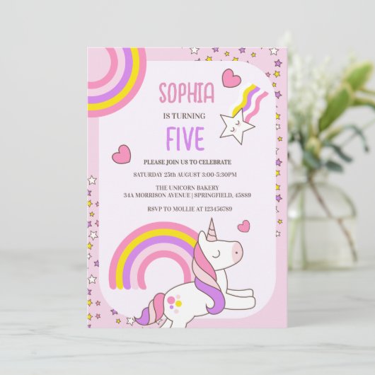 Meisjes Schattige Roze Eenhoorn Kinder 5e Verjaard Kaart (Staand voorkant)