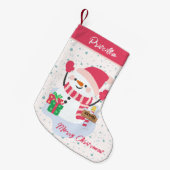 Meisjes Schattige Roze Happy Snowman Northpole Kleine Kerstsok (Voorkant (Hangend))