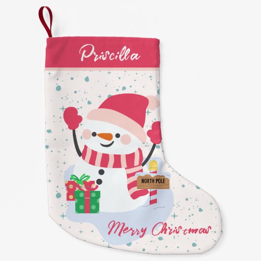 Meisjes Schattige Roze Happy Snowman Northpole Kleine Kerstsok (Voorkant)