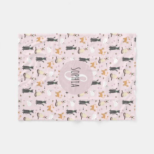 Meisjes Schattige Roze Kat Cartoon Patroon & Naam Fleece Deken (Voorkant (Horizontaal))