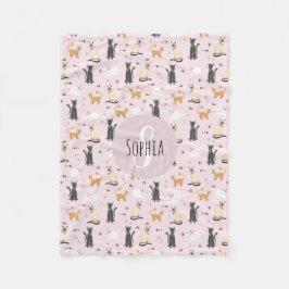 Meisjes Schattige Roze Kat Cartoon Patroon & Naam  Fleece Deken