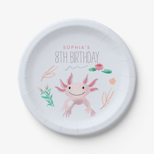 Meisjes Schattige Roze Kawaii Axolotl Verjaardag Papieren Bordje (Voorkant)