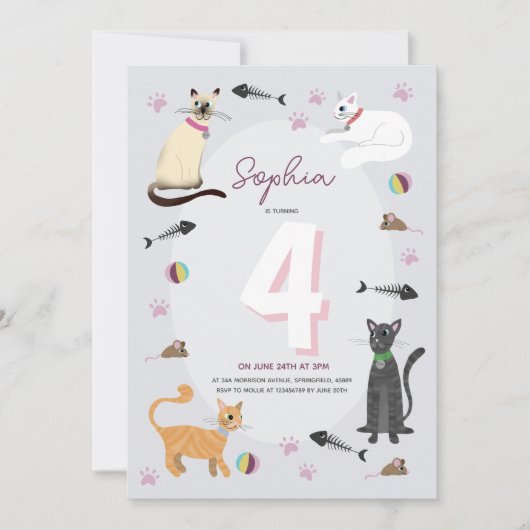 Meisjes Schattige Roze Kitty Cat Kids Verjaardag Kaart (Voorkant)