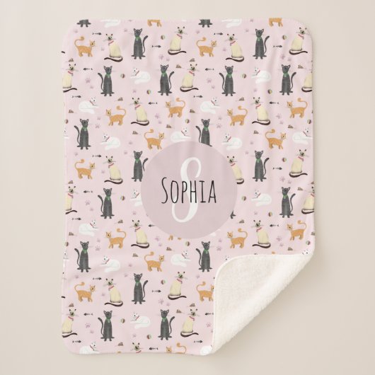Meisjes Schattige Roze Kitty Kattenpatroon & Naam Sherpa Deken (Voorkant)