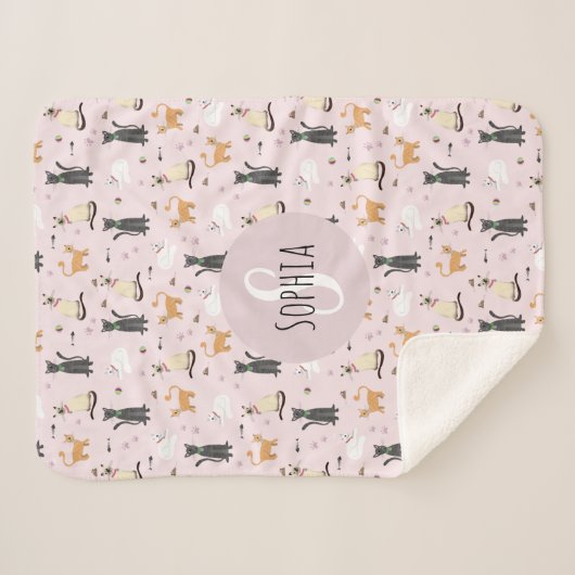 Meisjes Schattige Roze Kitty Kattenpatroon & Naam  Sherpa Deken (Voorkant (horizontaal))