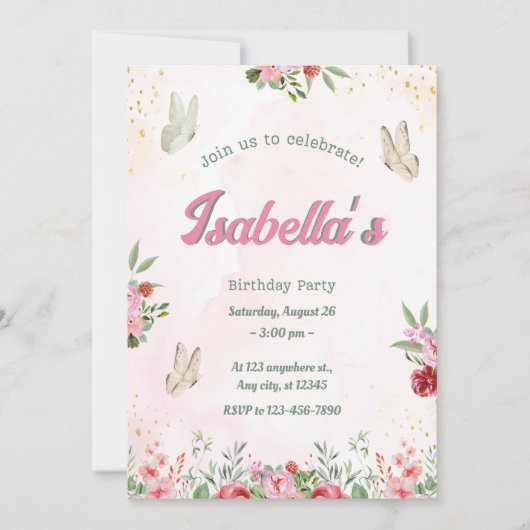 Meisjes Schattige Roze Paarse Vlinder Kids Verjaar Kaart (Voorkant)