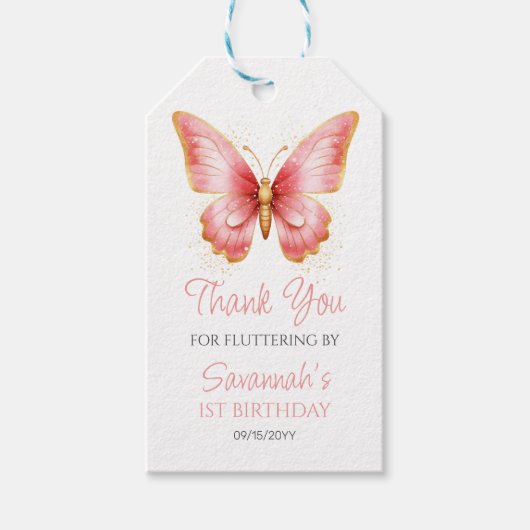Meisjes Schattige Roze Vlinder 1e Verjaardagsfeest Cadeaulabel (Voorkant)