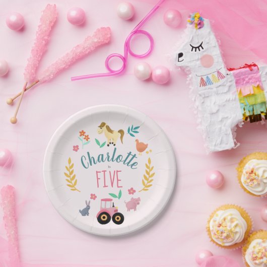 Meisjes Schattige Rustiek Roze Boerderijdieren Kid Papieren Bordje (Feest)