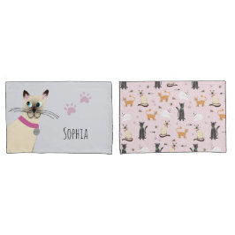 Meisjes Schattige Siamese Kat Paw Prints Naam Kind Kussensloop