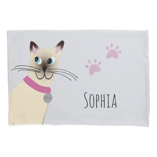Meisjes Schattige Siamese Kat Paw Prints Naam Kind Kussensloop (Voorkant-Links)