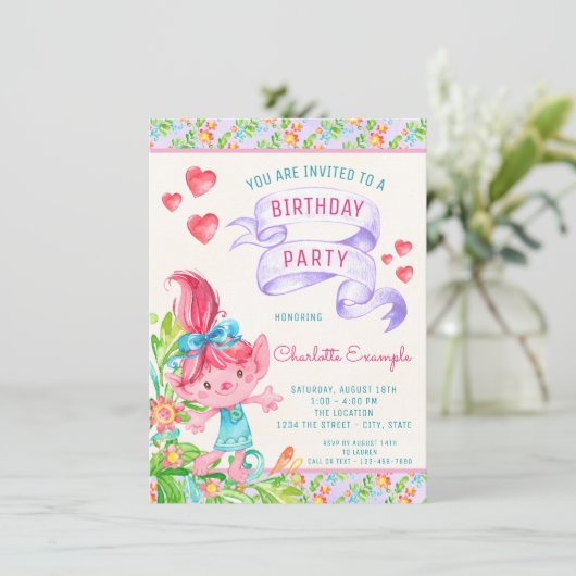 Meisjes Schattige Troll Verjaardagsfeestje Uitnodi Kaart (Staand voorkant)