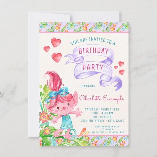 Meisjes Schattige Troll Verjaardagsfeestje Uitnodi Kaart (Voorkant)